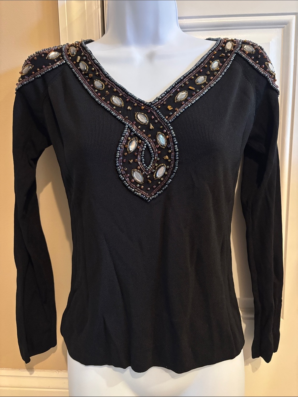 Radzoli Black Long-Sleeve Top with Beaded V-Neck